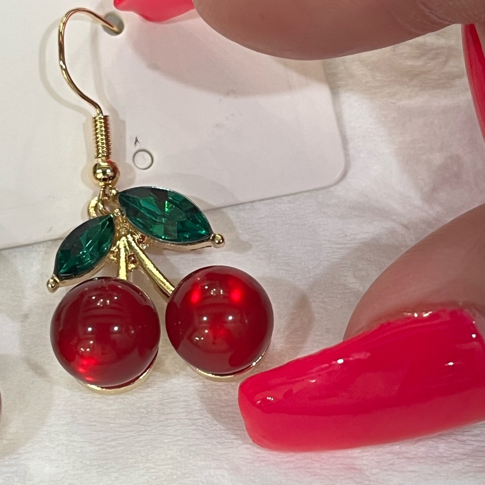 Cherry Red and Green Earrings - Picture 3 of 7